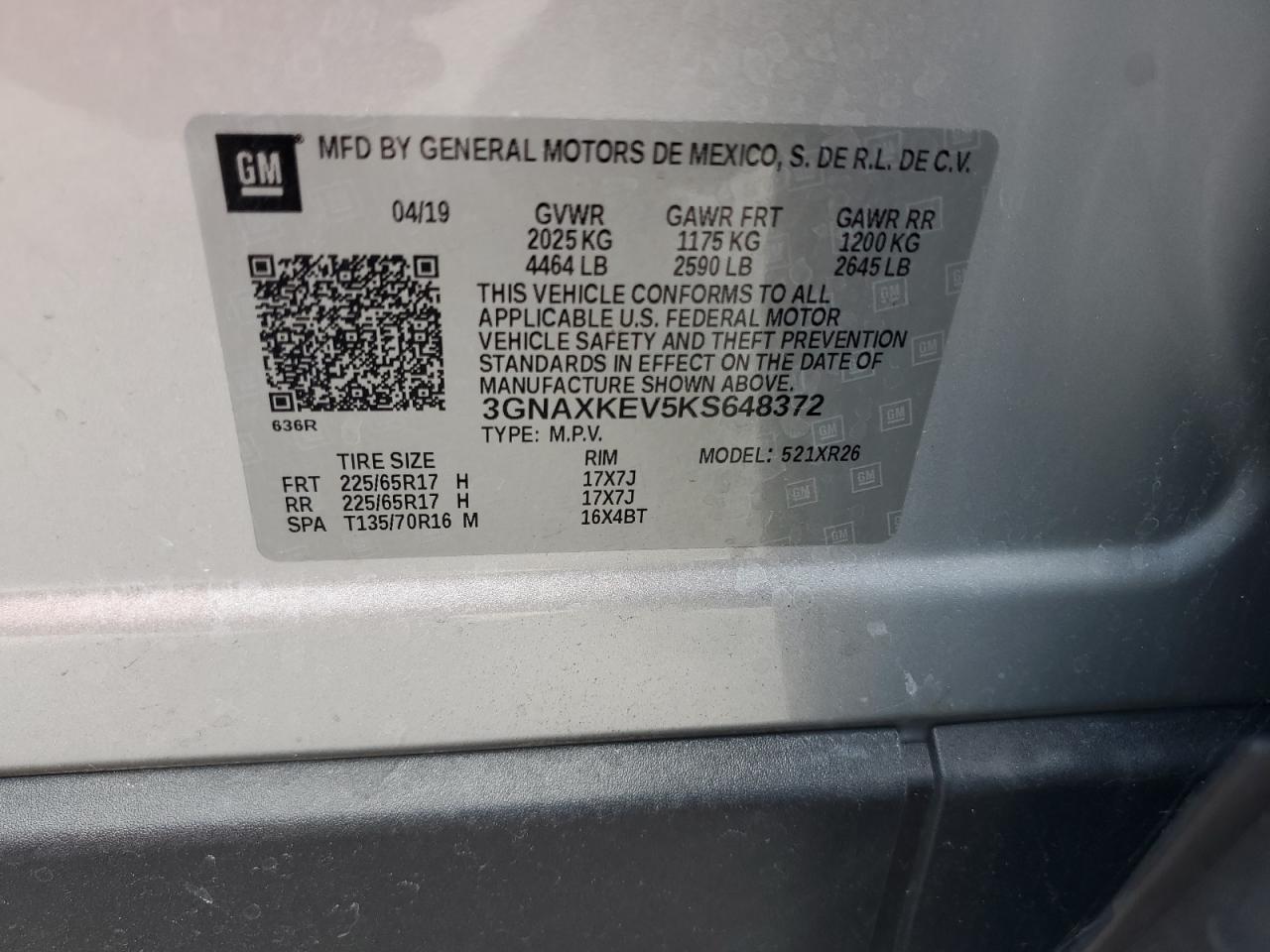 3GNAXKEV5KS648372 2019 Chevrolet Equinox Lt