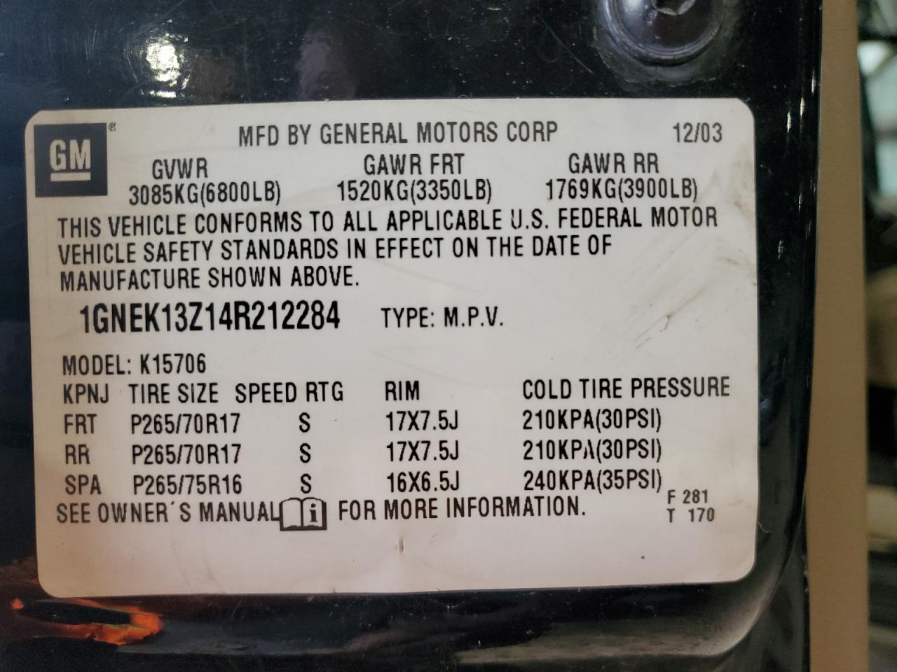 1GNEK13Z14R212284 2004 Chevrolet Tahoe K1500