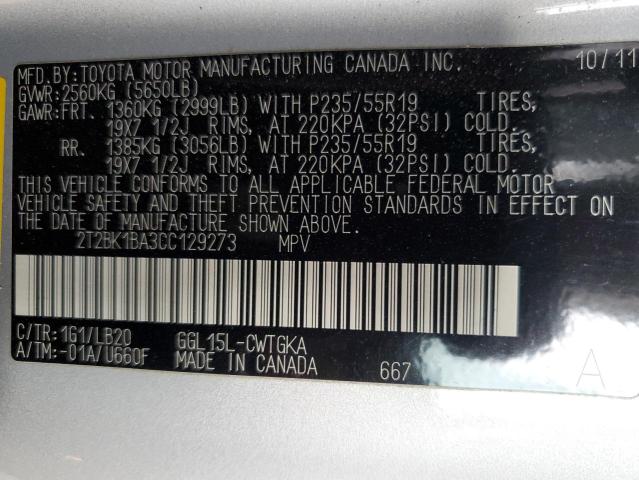 2012 Lexus Rx 350 VIN: 2T2BK1BA3CC129273 Lot: 58789404