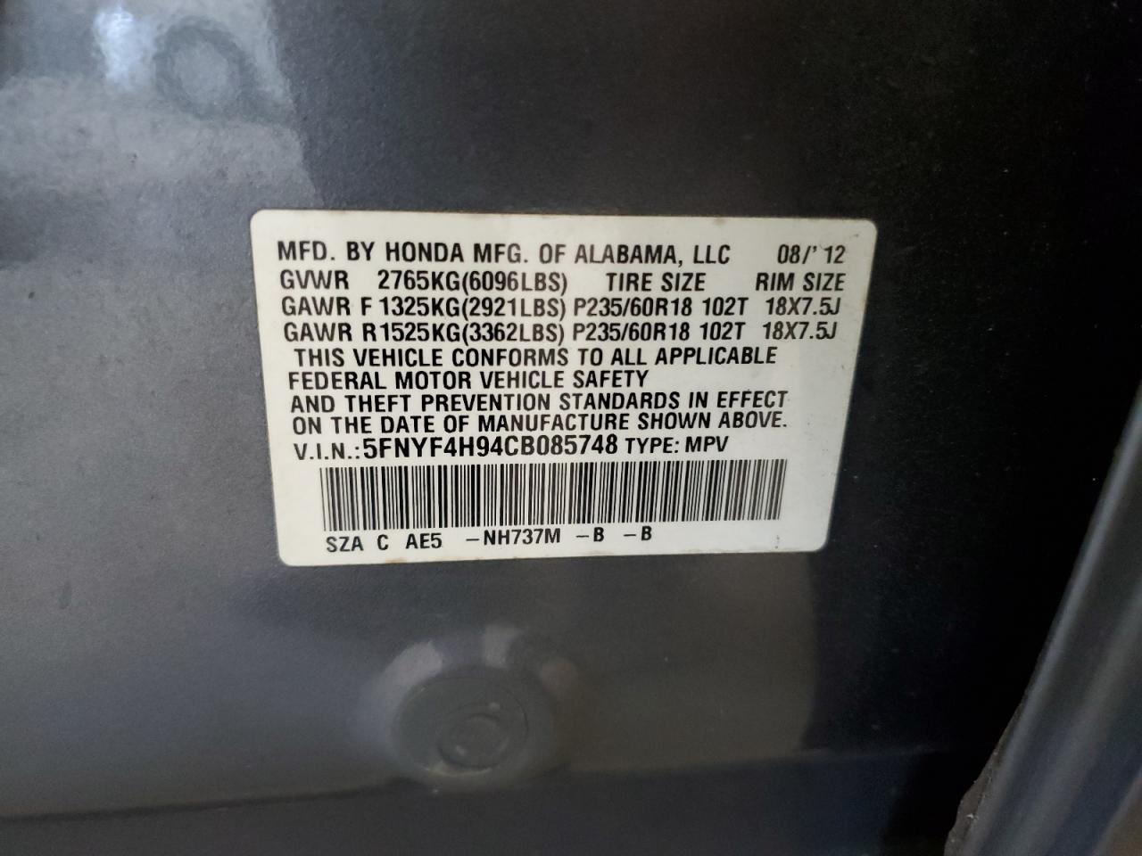 5FNYF4H94CB085748 2012 Honda Pilot Touring