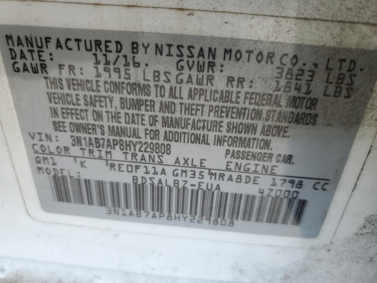 3N1AB7AP8HY229808 2017 Nissan Sentra S