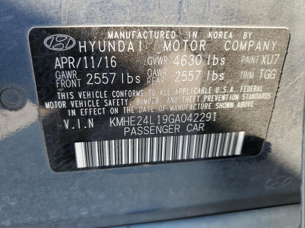 KMHE24L19GA042291 2016 Hyundai Sonata Hybrid