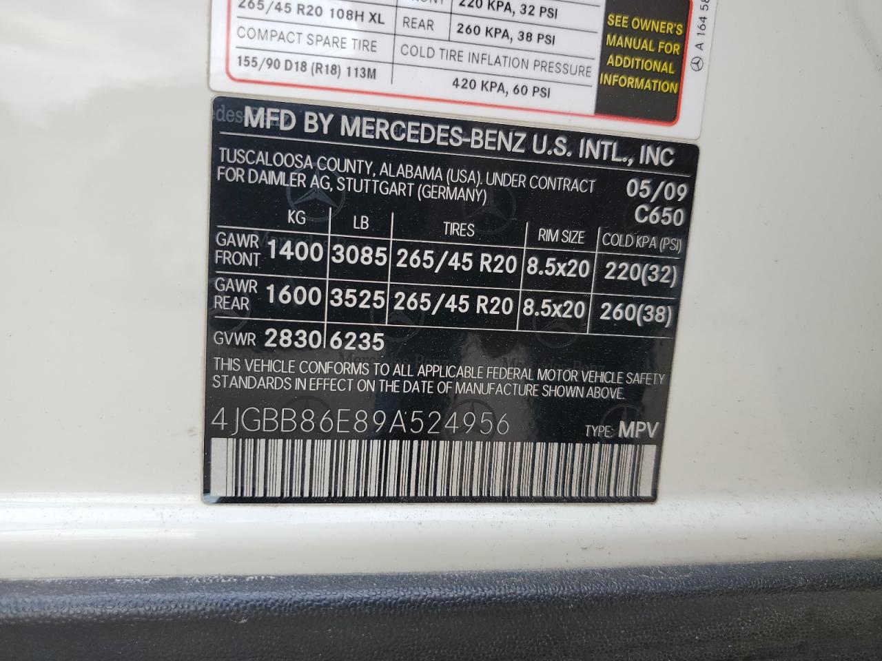 4JGBB86E89A524956 2009 Mercedes-Benz Ml 350