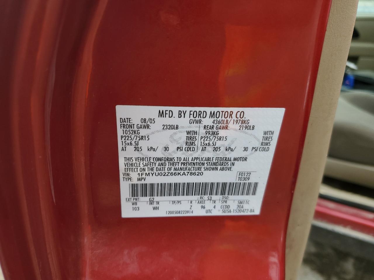 1FMYU02Z66KA78620 2006 Ford Escape Xls