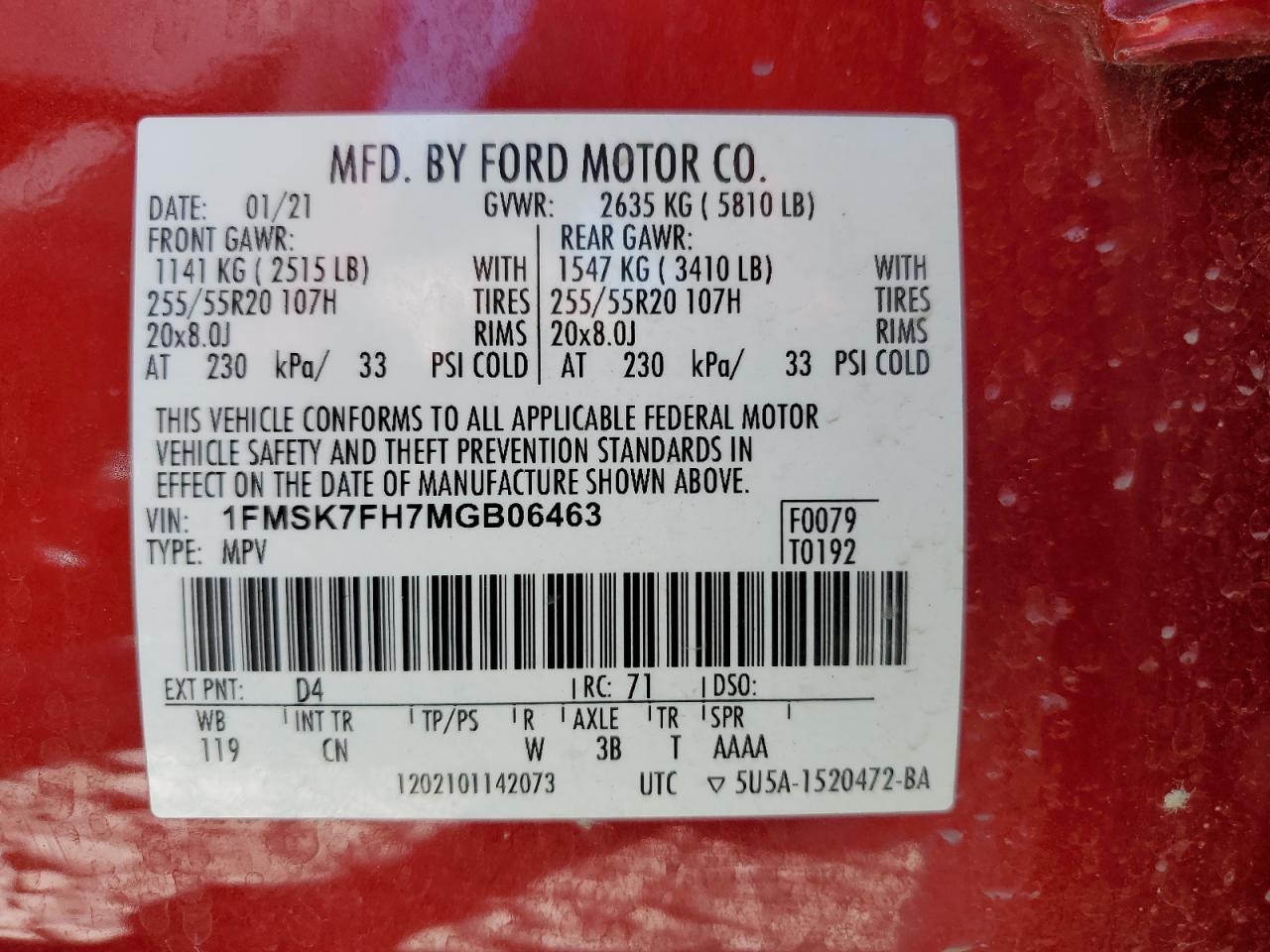 1FMSK7FH7MGB06463 2021 Ford Explorer Limited