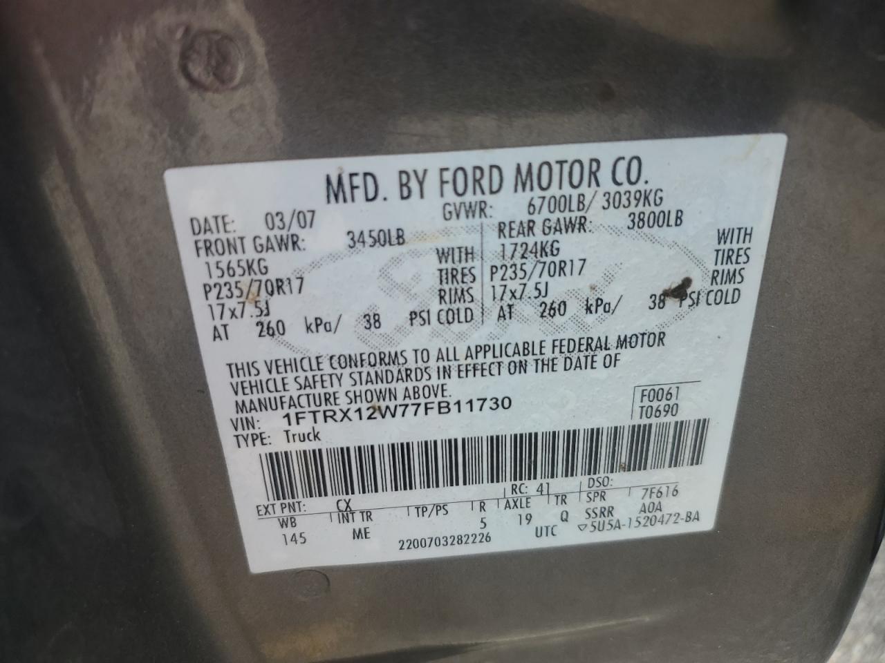 1FTRX12W77FB11730 2007 Ford F150