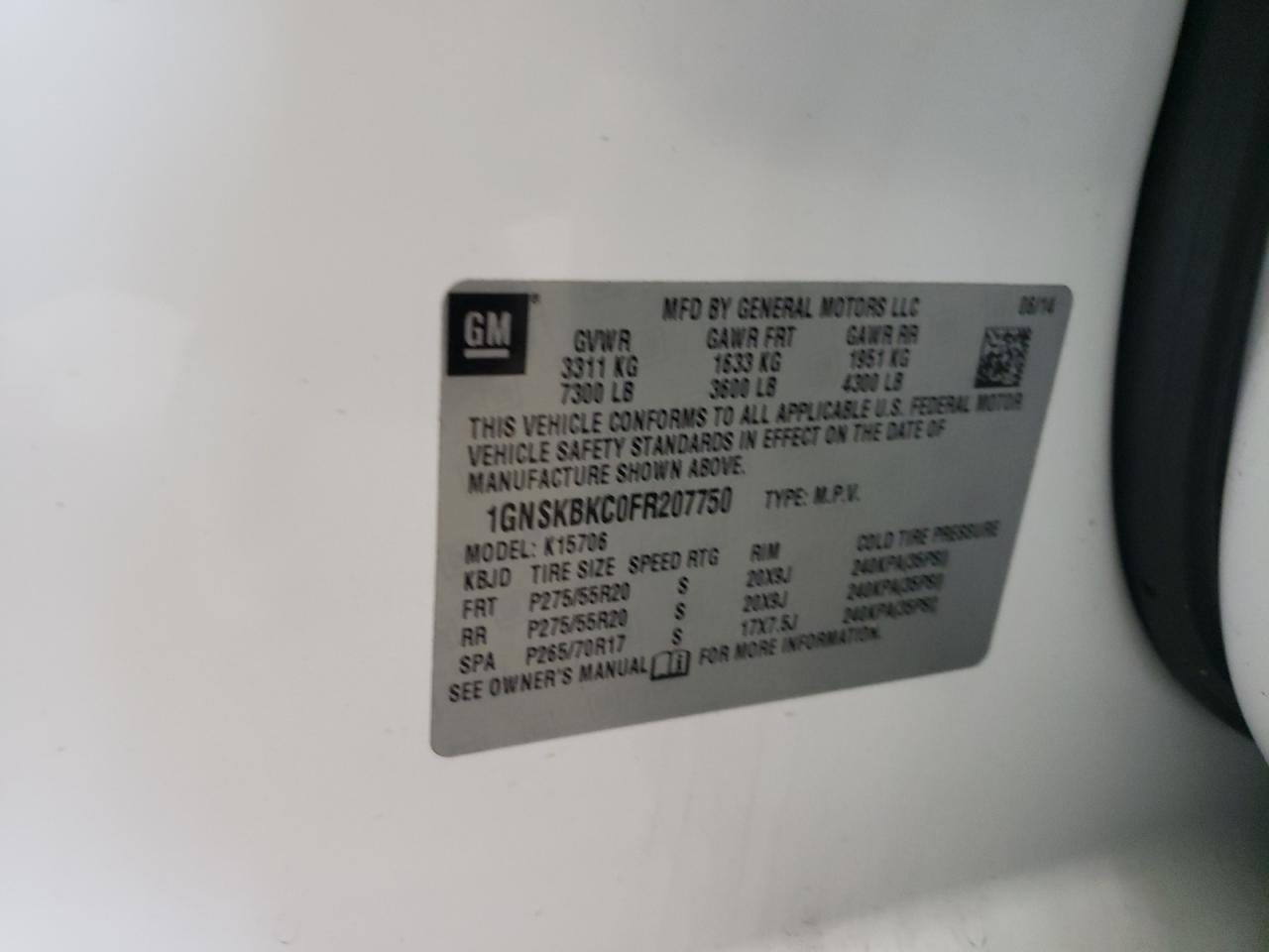 1GNSKBKC0FR207750 2015 Chevrolet Tahoe K1500 Lt