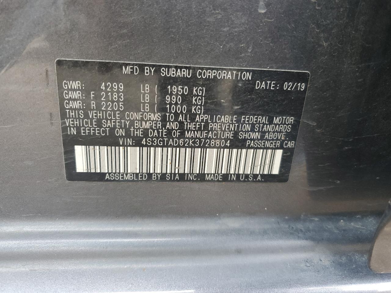 4S3GTAD62K3728804 2019 Subaru Impreza Premium