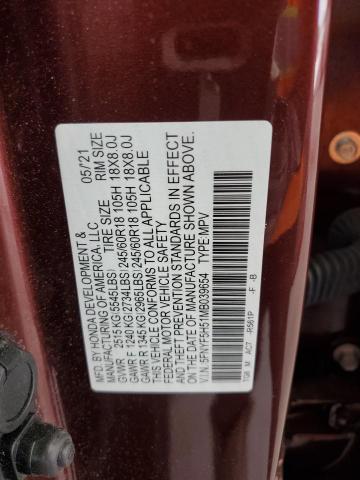 2021 Honda Pilot Exl VIN: 5FNYF5H51MB039654 Lot: 60203064