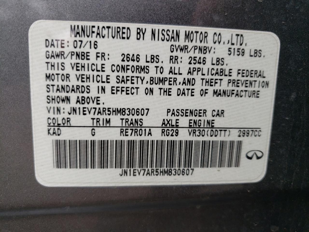 JN1EV7AR5HM830607 2017 Infiniti Q50 Premium