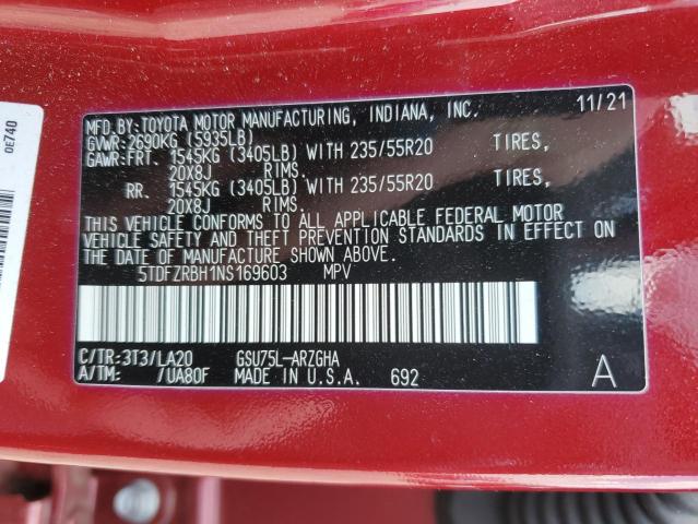 2022 Toyota Highlander Platinum VIN: 5TDFZRBH1NS169603 Lot: 57032824