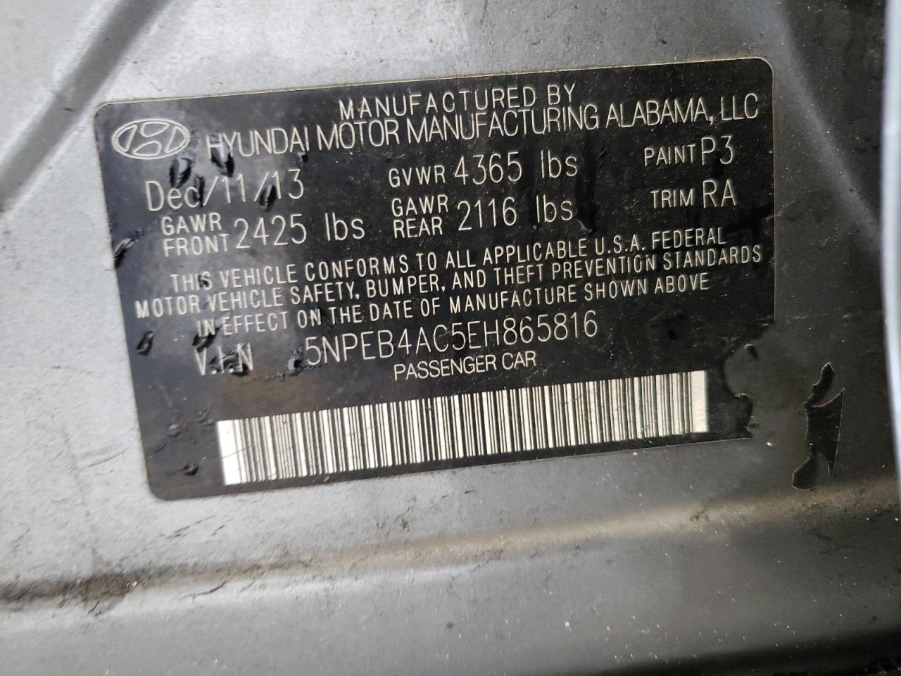 5NPEB4AC5EH865816 2014 Hyundai Sonata Gls