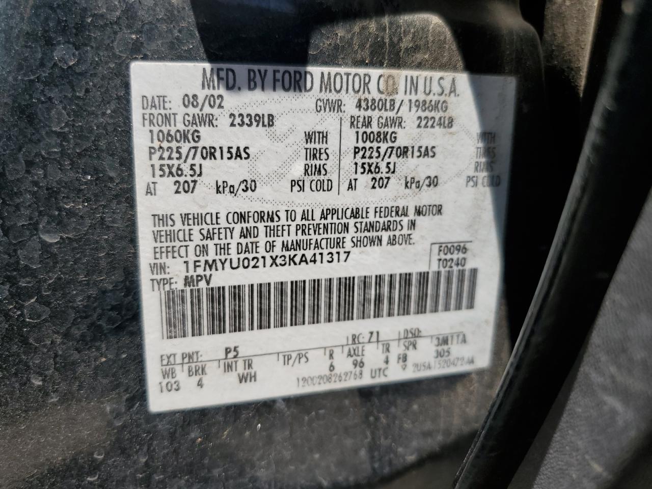 1FMYU021X3KA41317 2003 Ford Escape Xls