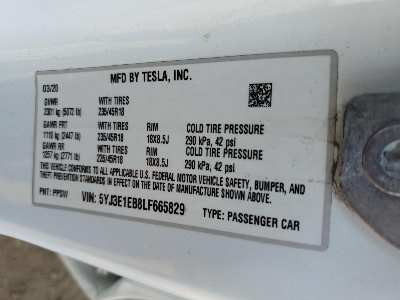 5YJ3E1EB8LF665829 2020 Tesla Model 3