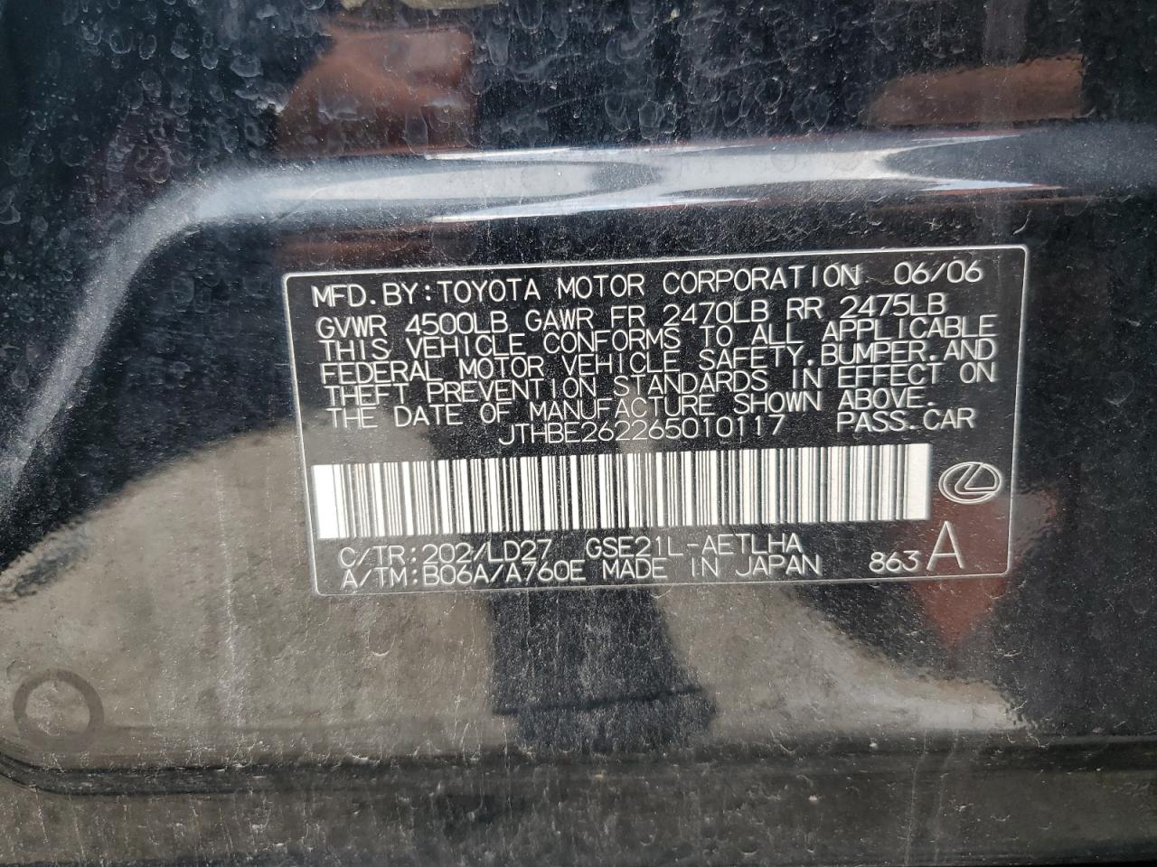 JTHBE262265010117 2006 Lexus Is 350