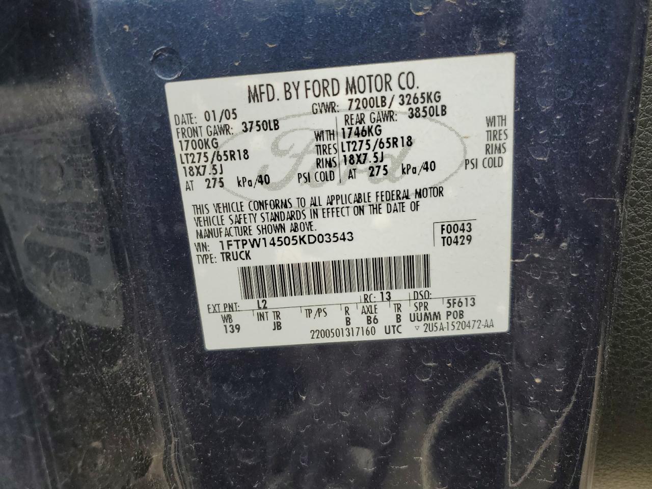 1FTPW14505KD03543 2005 Ford F150 Supercrew