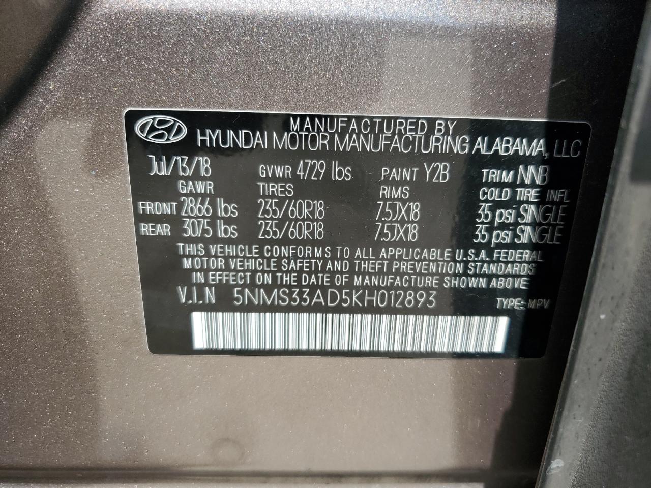 5NMS33AD5KH012893 2019 Hyundai Santa Fe Sel