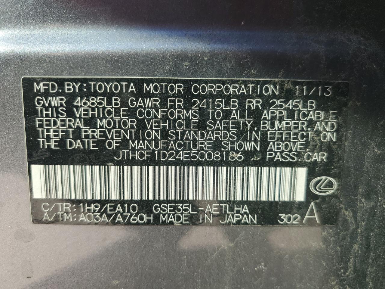 JTHCF1D24E5008186 2014 Lexus Is 250