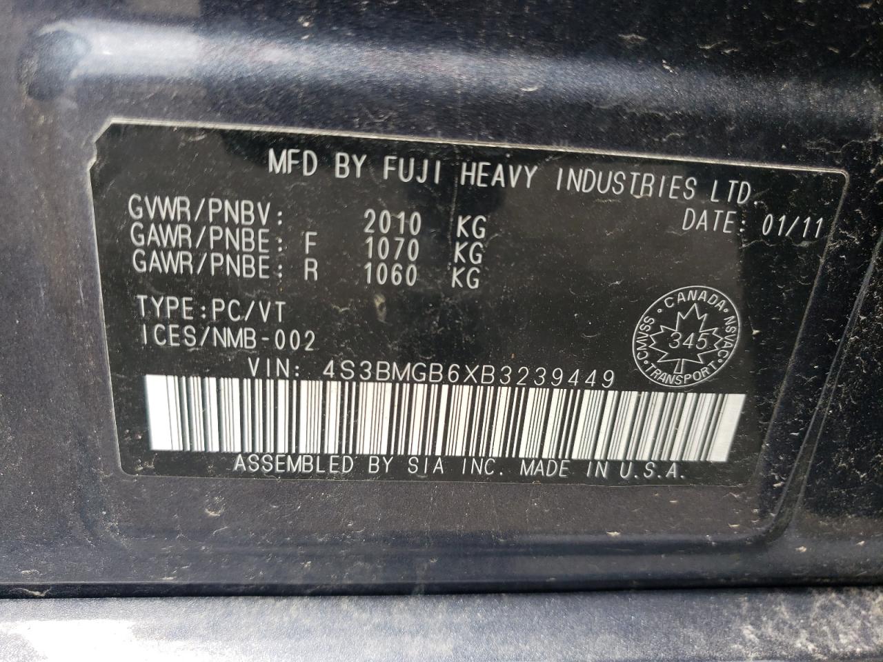 4S3BMGB6XB3239449 2011 Subaru Legacy 2.5I Premium