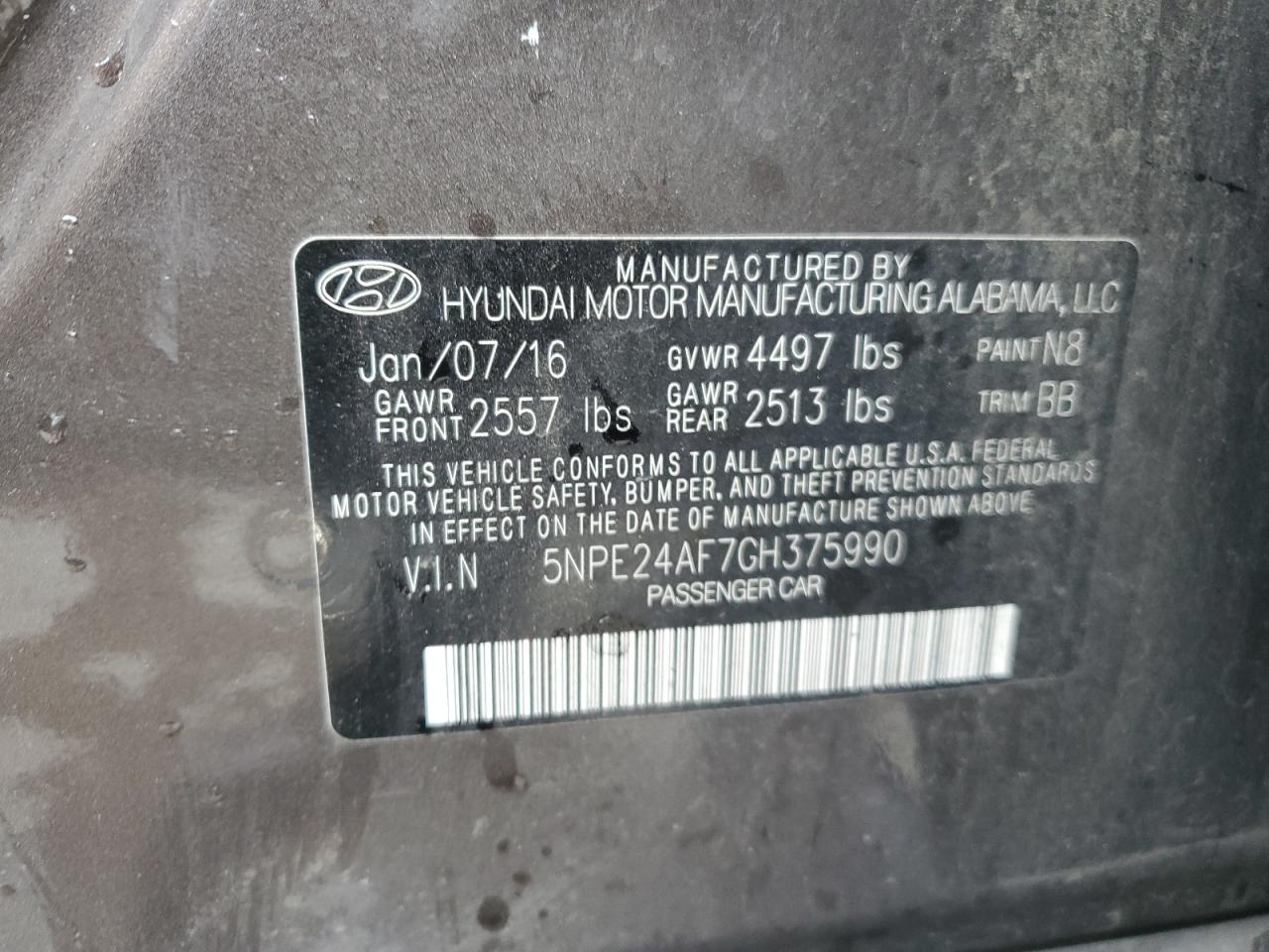 5NPE24AF7GH375990 2016 Hyundai Sonata Se