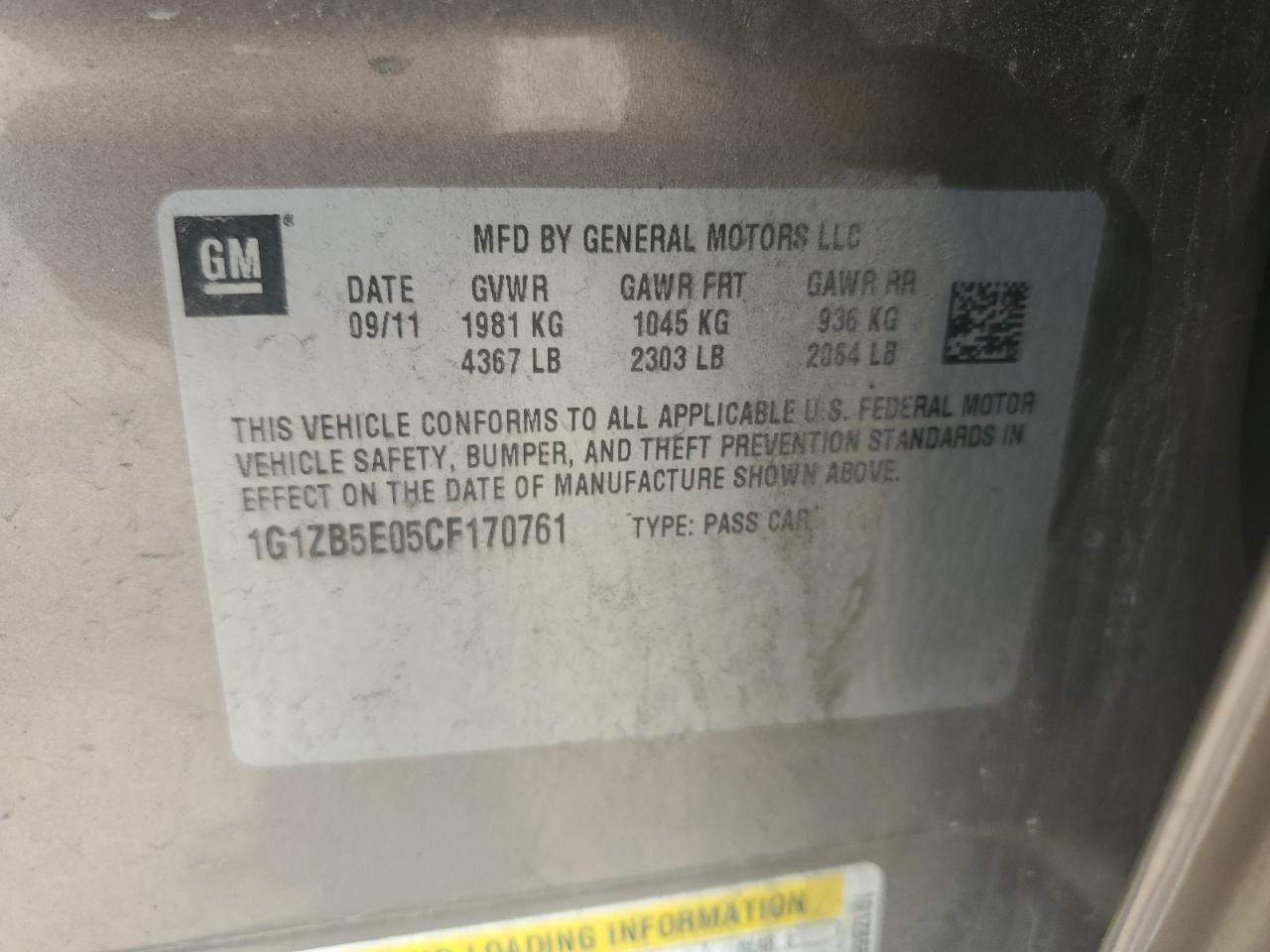 1G1ZB5E05CF170761 2012 Chevrolet Malibu Ls