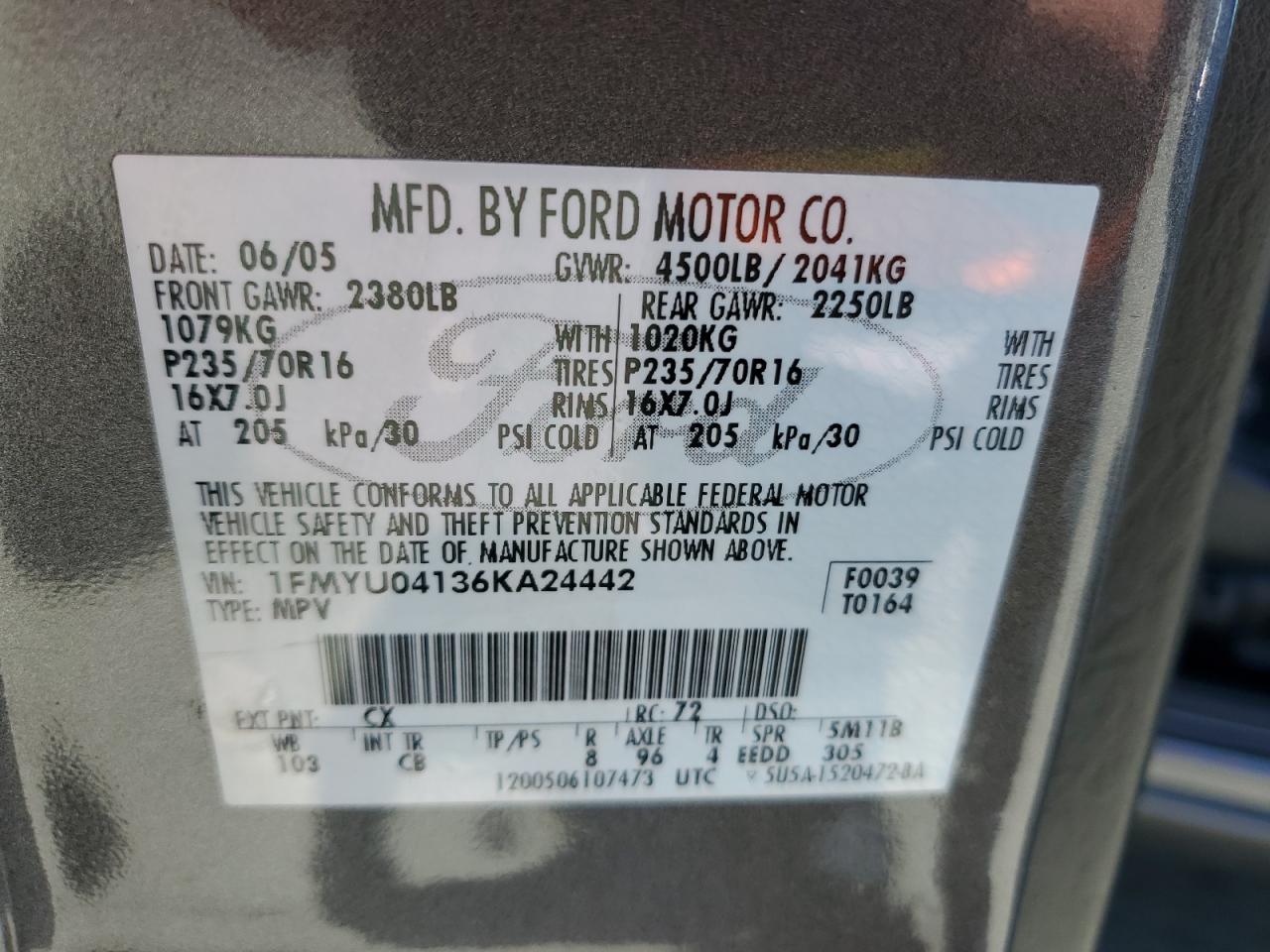 1FMYU04136KA24442 2006 Ford Escape Limited