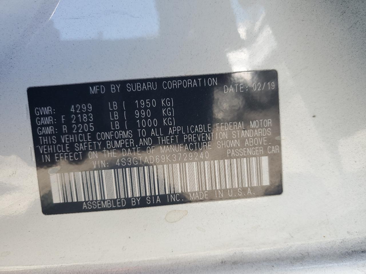 4S3GTAD69K3729240 2019 Subaru Impreza Premium