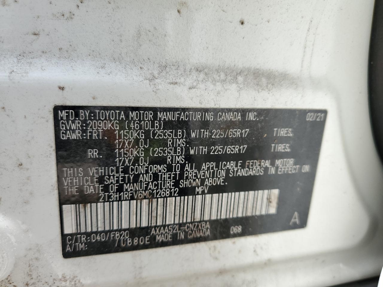 2T3H1RFV6MC126812 2021 Toyota Rav4 Le