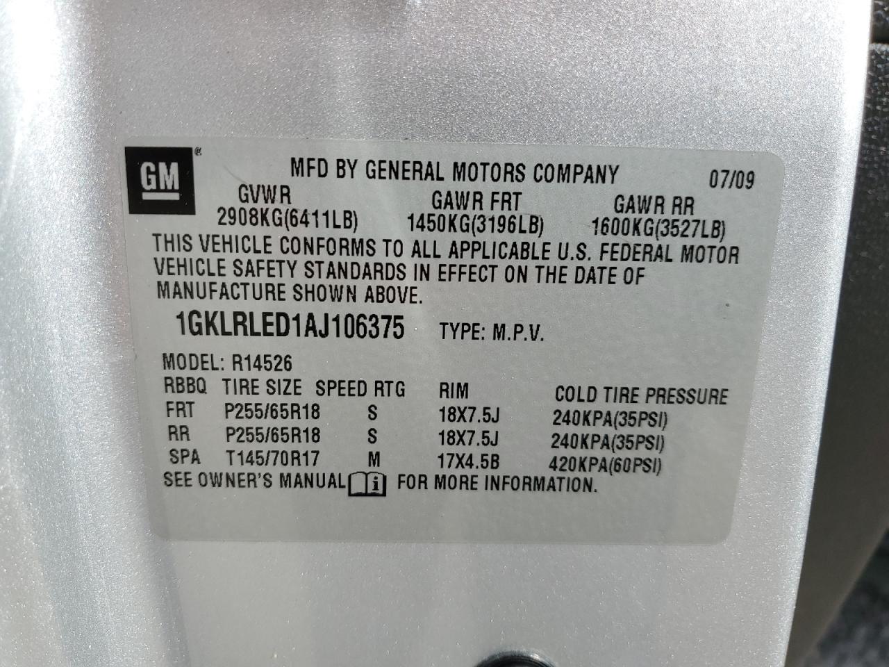 1GKLRLED1AJ106375 2010 GMC Acadia Sle