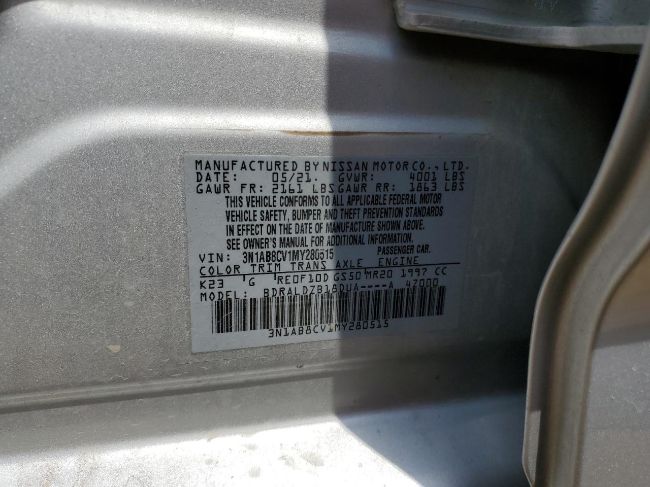 3N1AB8CV1MY280515 2021 Nissan Sentra Sv