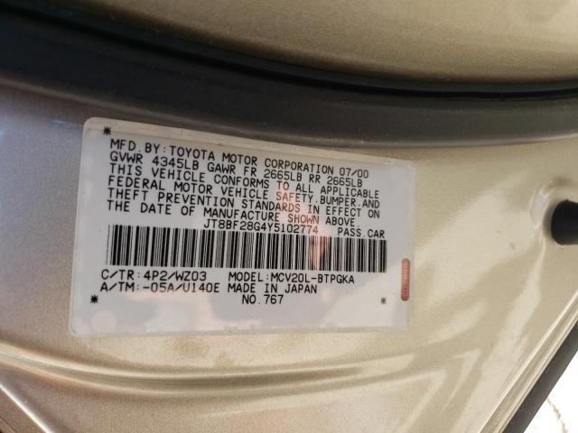 2000 Lexus Es 300 VIN: JT8BF28G4Y5102774 Lot: 57535484