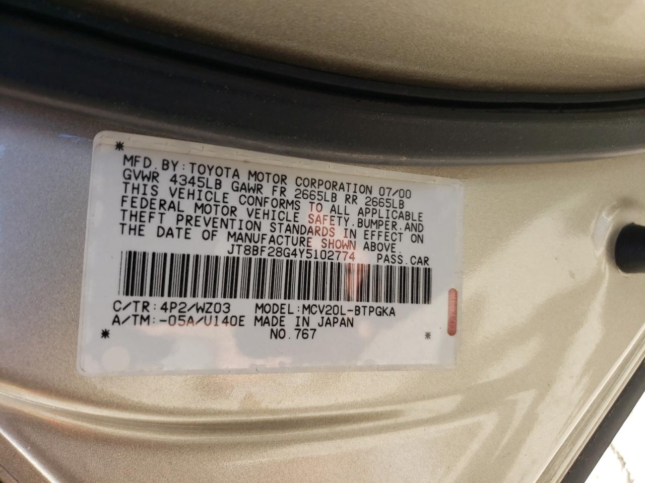 JT8BF28G4Y5102774 2000 Lexus Es 300