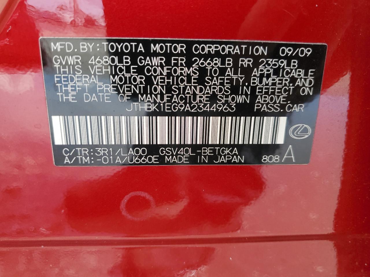 JTHBK1EG9A2344963 2010 Lexus Es 350