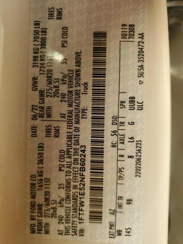 2022 Ford F150 Supercrew VIN: 1FTFW1E52NFB60243 Lot: 58860934
