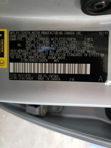 2012 Lexus Rx 350 VIN: 2T2BK1BA6CC136976 Lot: 59878304