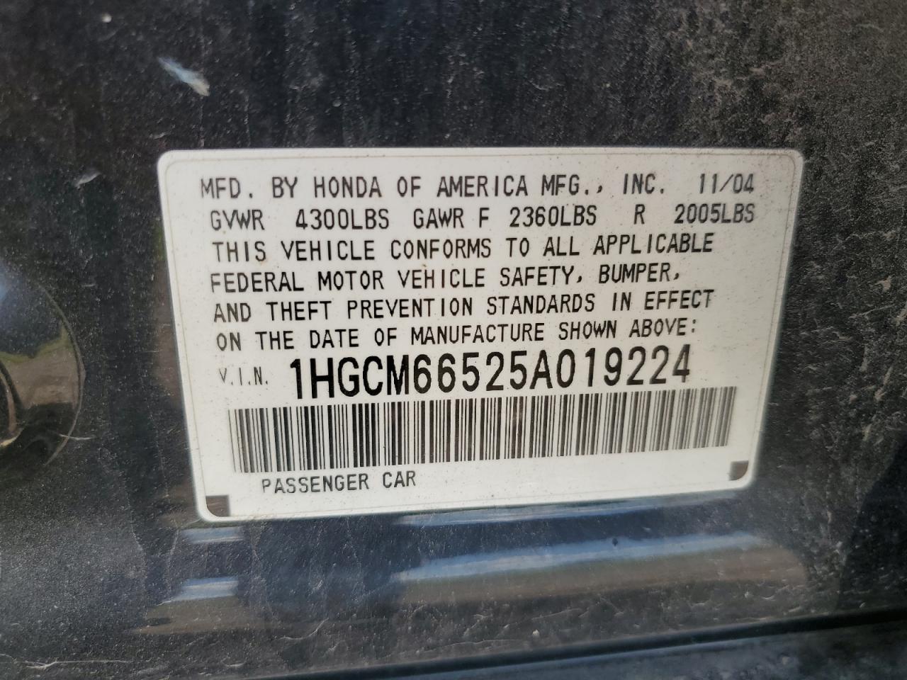 1HGCM66525A019224 2005 Honda Accord Ex