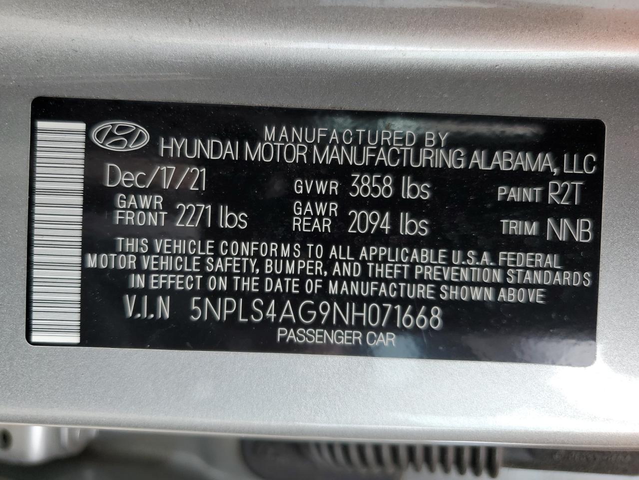 5NPLS4AG9NH071668 2022 Hyundai Elantra Sel