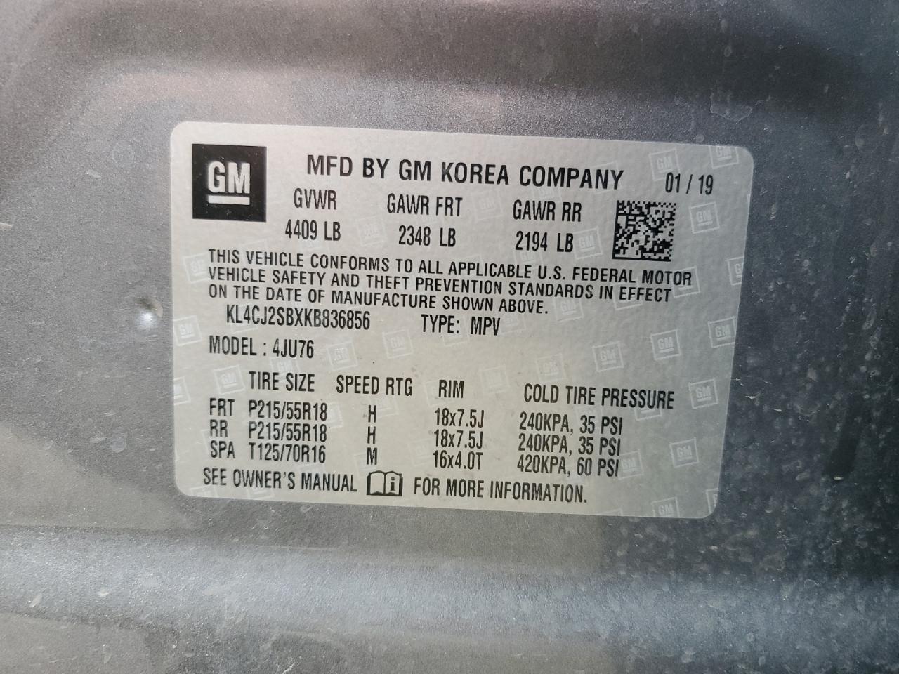 KL4CJ2SBXKB836856 2019 Buick Encore Sport Touring