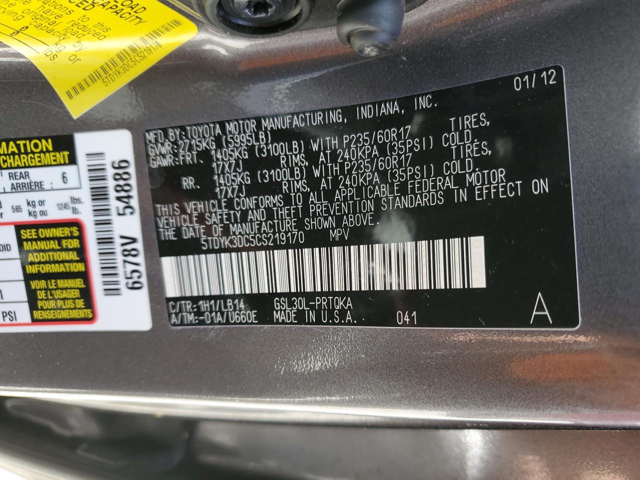 5TDYK3DC5CS219170 2012 Toyota Sienna Xle