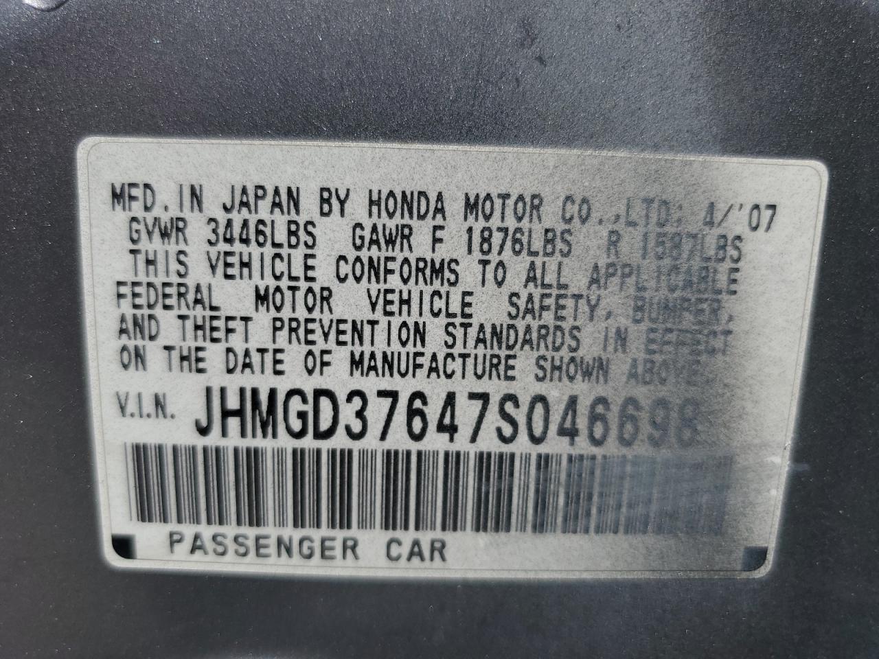 JHMGD37647S046698 2007 Honda Fit S