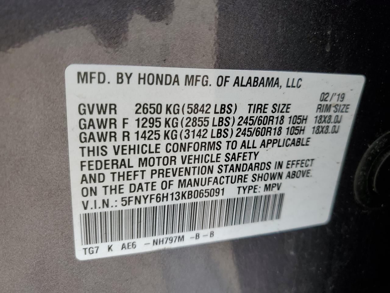 5FNYF6H13KB065091 2019 Honda Pilot Lx