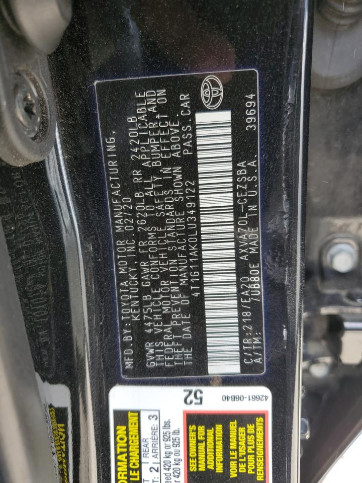 4T1G11AK0LU349122 2020 Toyota Camry Se