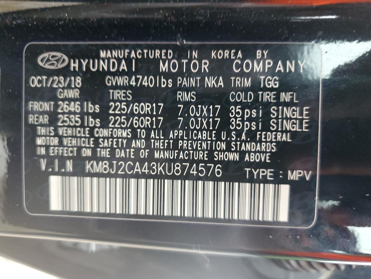 2019 Hyundai Tucson Se vin: KM8J2CA43KU874576