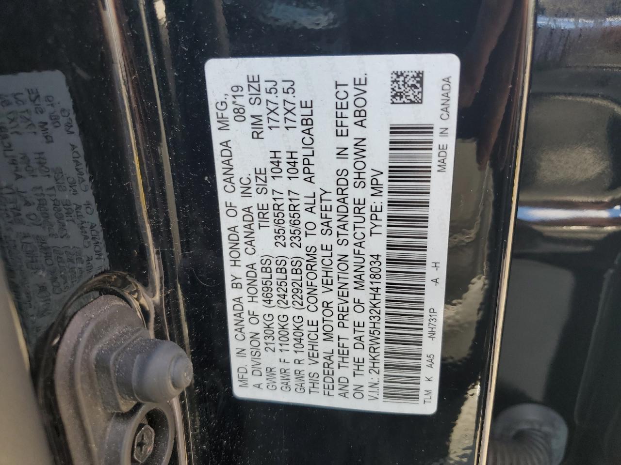 2HKRW5H32KH418034 2019 Honda Cr-V Lx