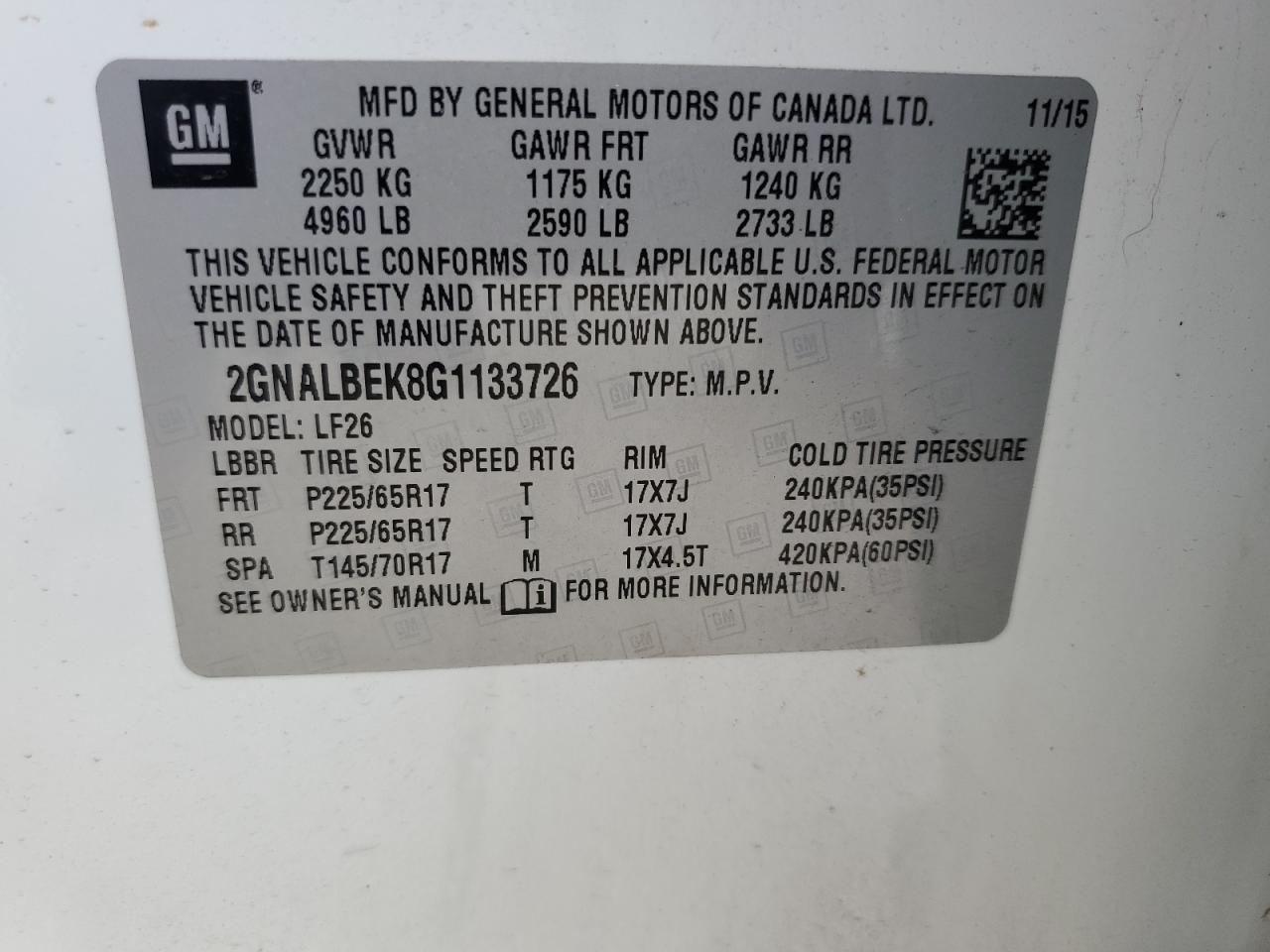 2GNALBEK8G1133726 2016 Chevrolet Equinox Ls