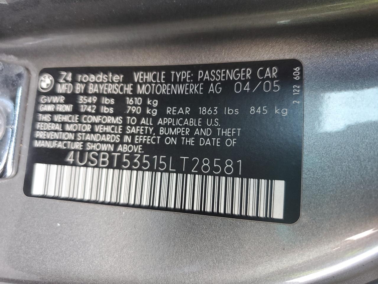 4USBT53515LT28581 2005 BMW Z4 3.0