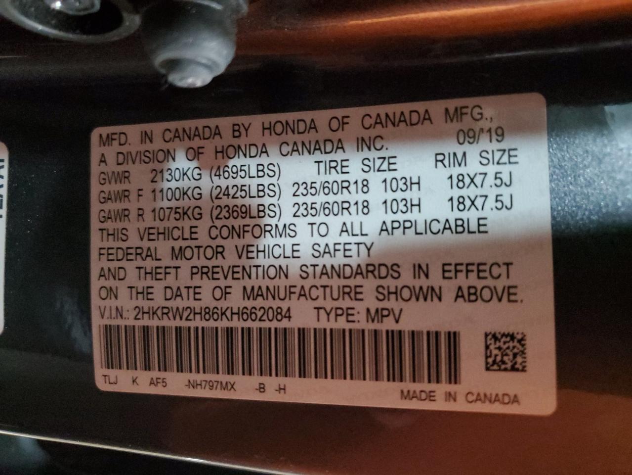 2HKRW2H86KH662084 2019 Honda Cr-V Exl