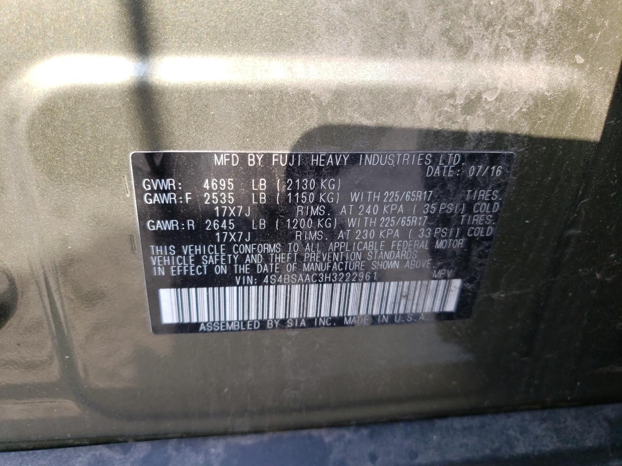 4S4BSAAC3H3222961 2017 Subaru Outback 2.5I