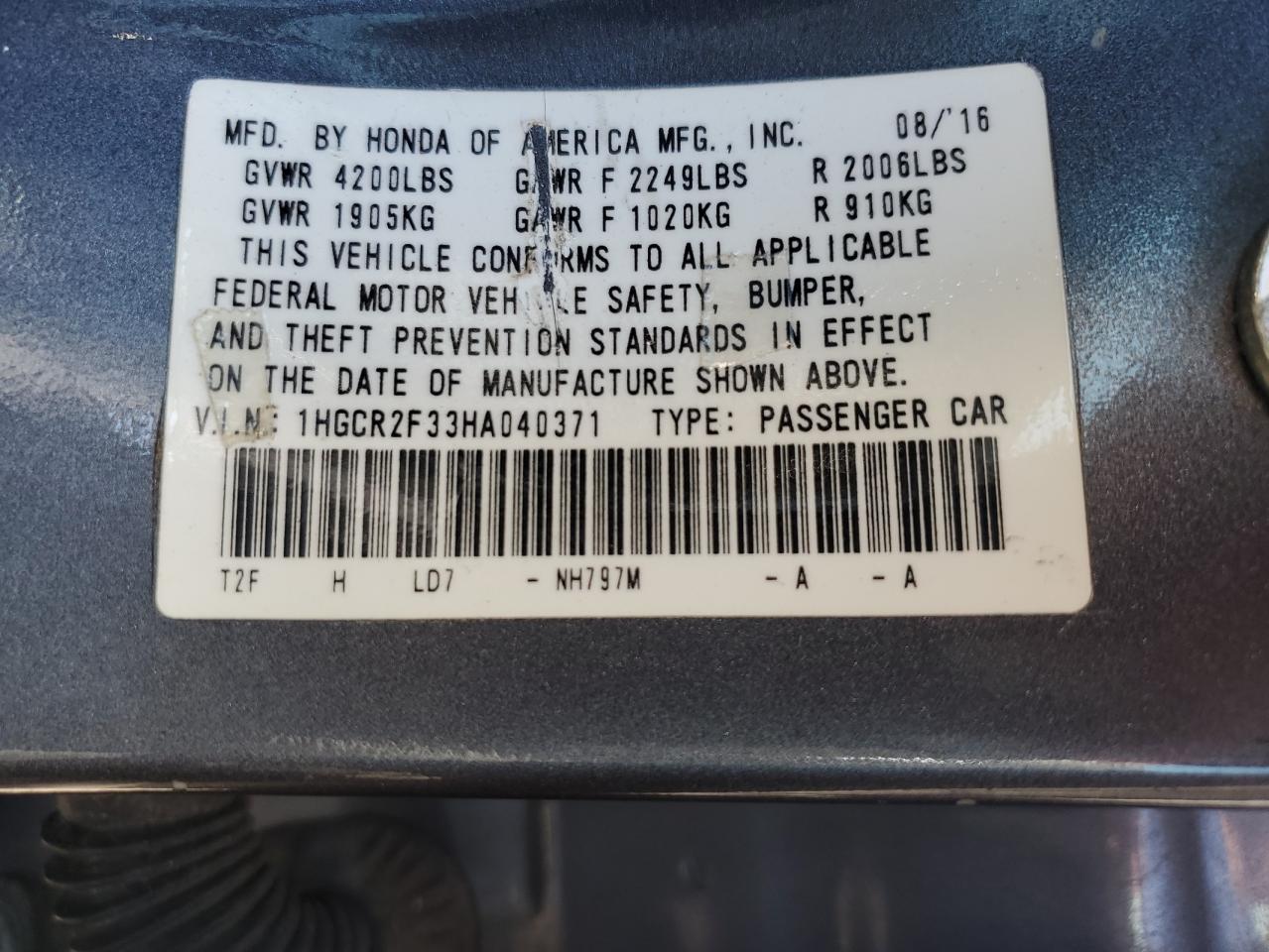 2017 Honda Accord Lx vin: 1HGCR2F33HA040371