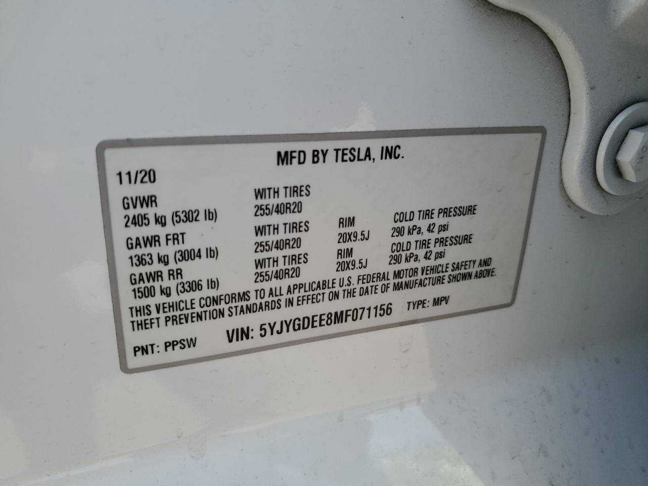 5YJYGDEE8MF071156 2021 Tesla Model Y